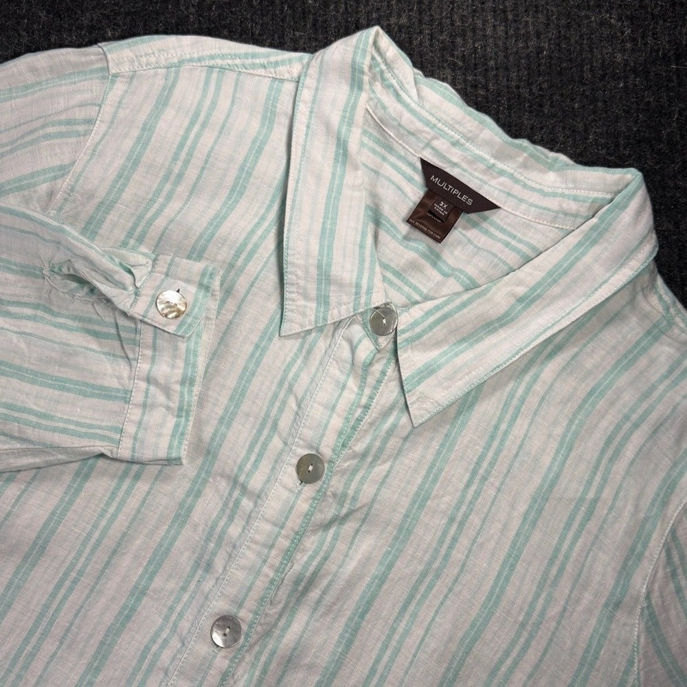 Multiples Womens 3X Linen Button Down Shirt Mint Green White Striped Roll‎ Tab